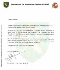 Lee más sobre el artículo Fallecimiento del Coronel de la Guardia Civil Jaume Samsó